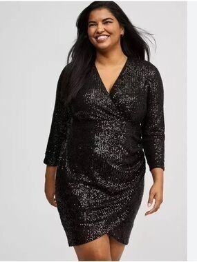 Torrid Black Sequin Faux Wrap Long-Sleeve Dress
